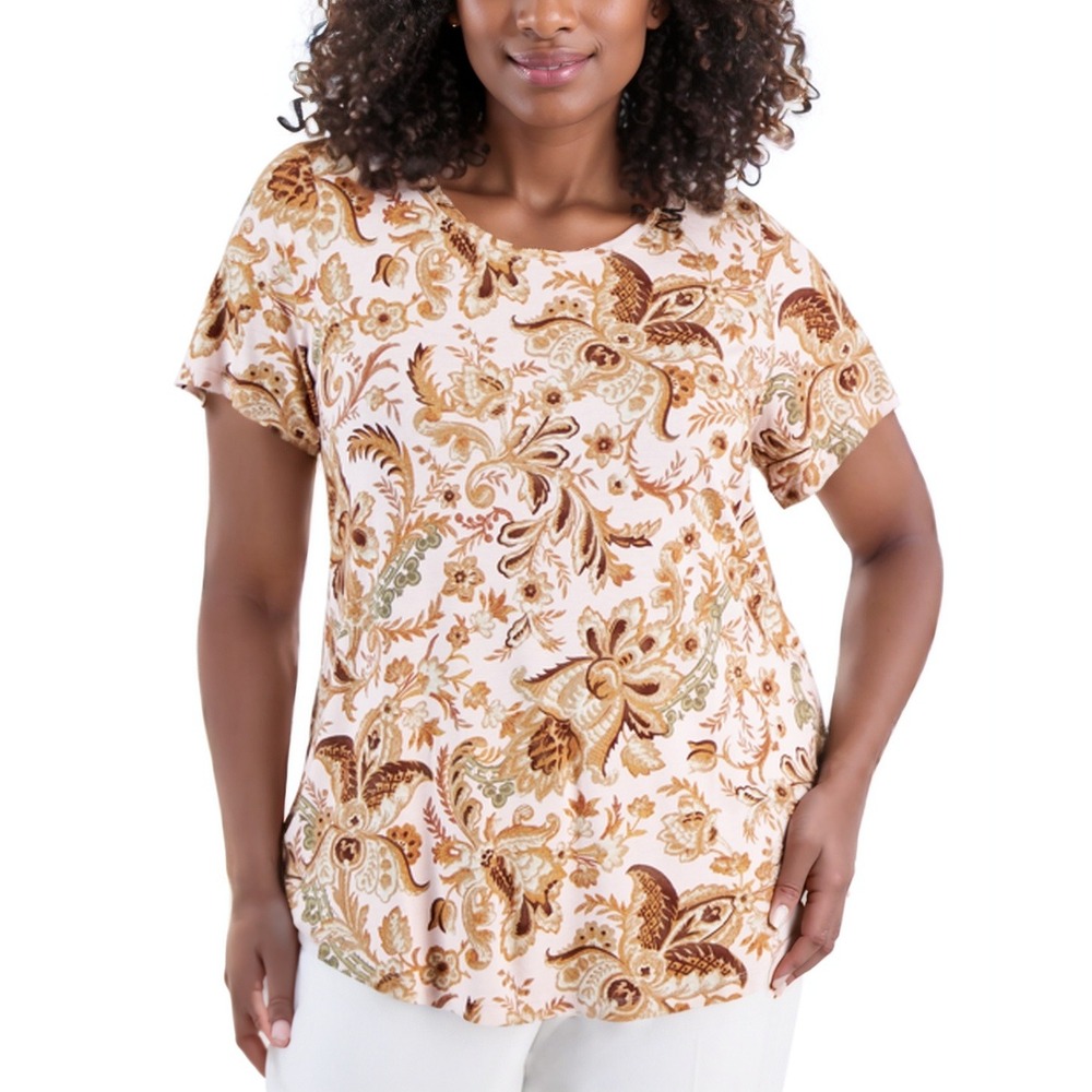 JM Collection Womens Top Plus 3X Lilac Sky Floral Bloom Short Sleeve Peasant Tee
